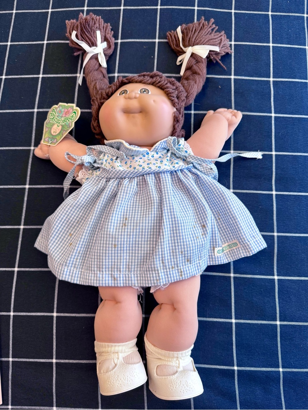 Blue Gingham Cabbage Patch Doll with Brown Yarn Hair
